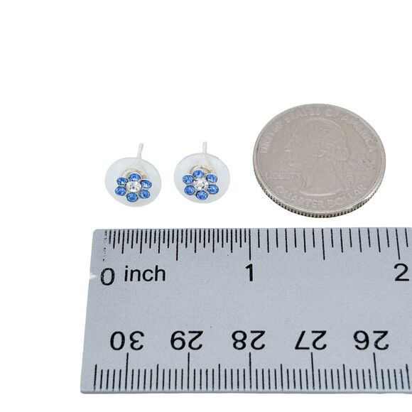 Sterling Silver 925 7.2mm Blue & Clear Cubic Zirconia Flower Stud Earrings - Picture 6 of 7
